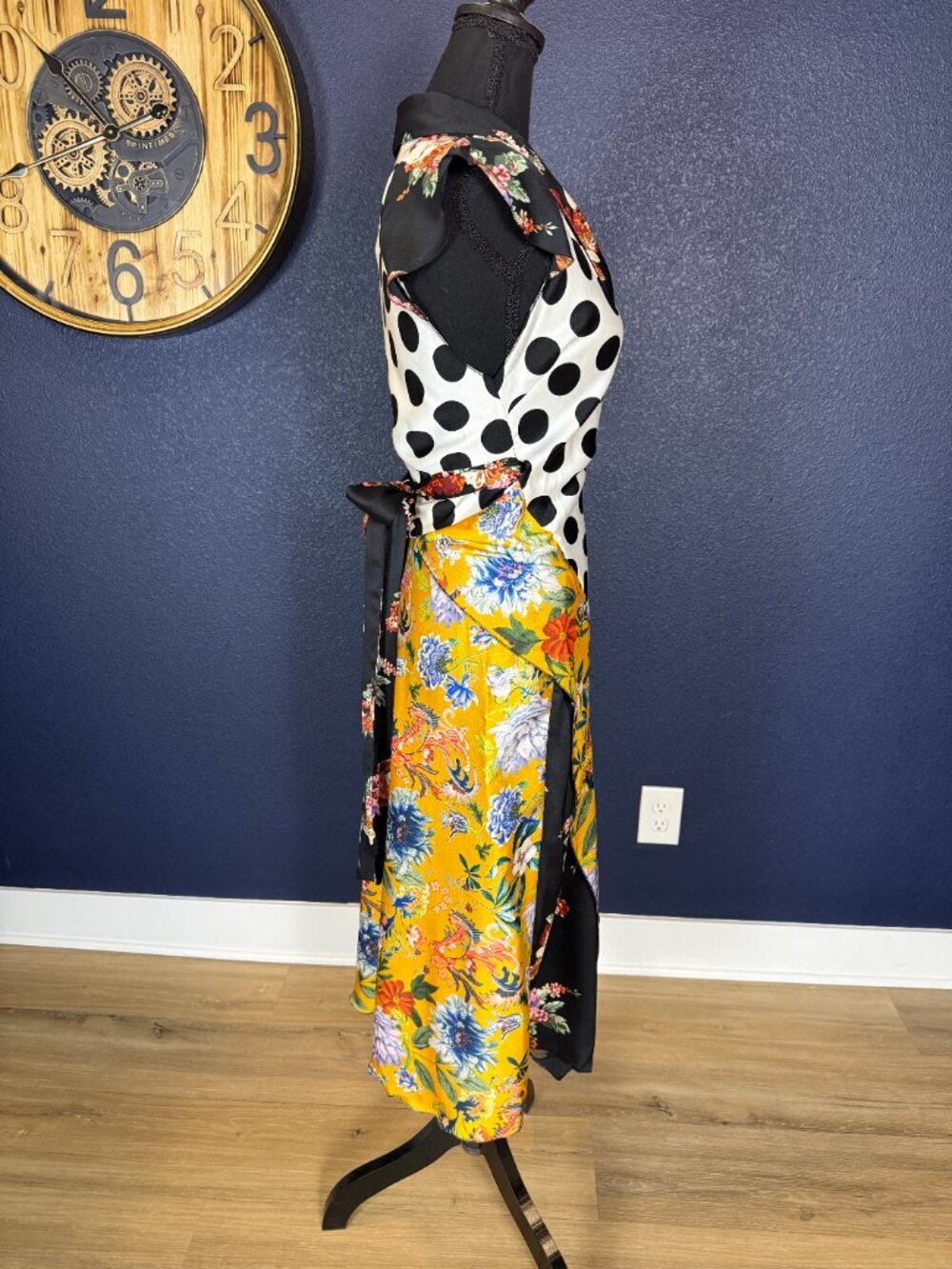 Zara NWT Mixed Print Floral Polka Dot Wrap Midi Dress Yellow Black | Size XS - Picture 5 of 9